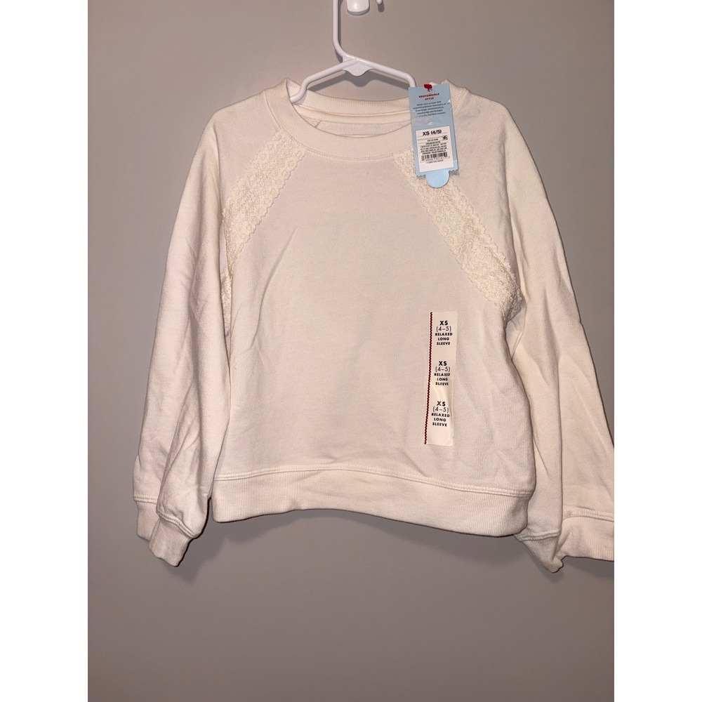 Cat‎ & Jack Girls Cream Lace Trim Raglan Sweatshirt XS 4-5 Relaxed Fit Pullover
